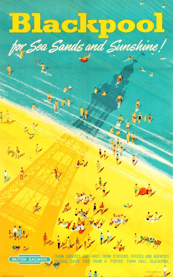 Vintage brit utazási reklám, Blackpool, tengerpart, strand, nyár    Utazás